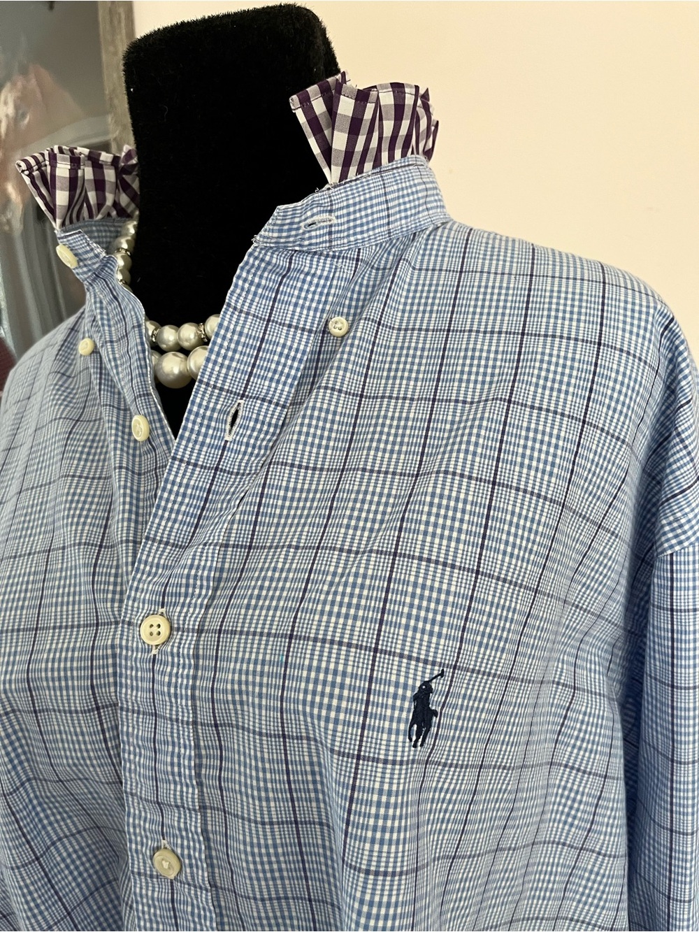 Refashioned Ralph Lauren Light Blue and Burgundy Check Button-Down Ruffle Collar